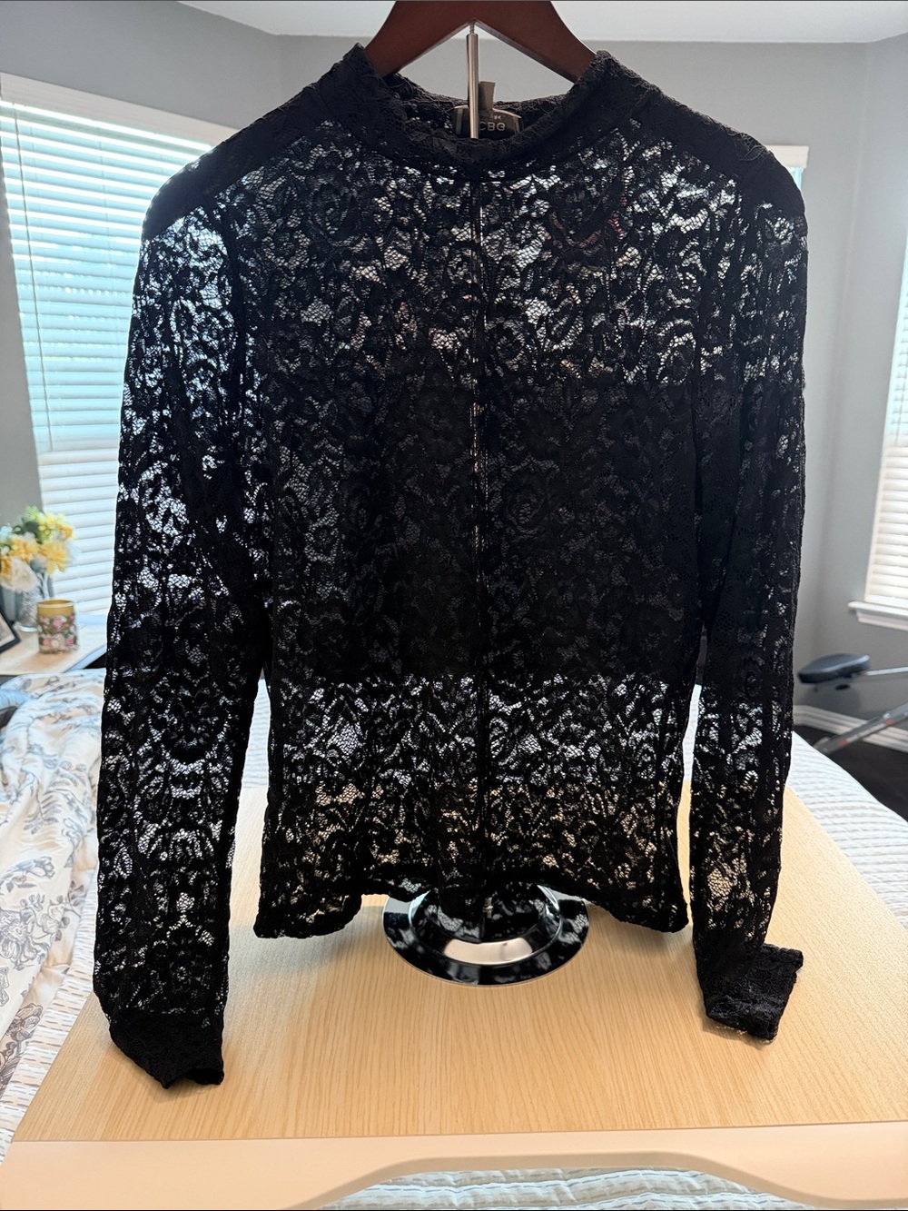 BCBG Black Floral Sheer Lace Top